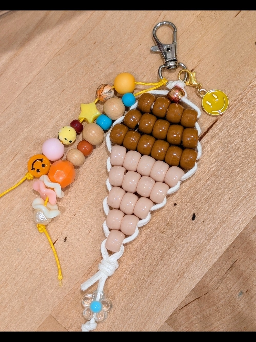 Beaded Ice Cream Cone Keychain - Brown & Beige